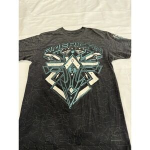American Fighter Mens L Gray Blue Black Training T Shirt UFC MMA Gym Workout Tee